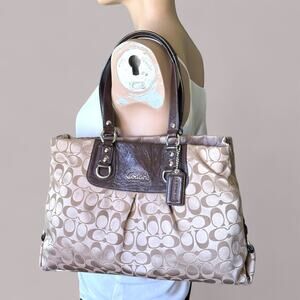 COACH F15510 Ashley Signature Sateen Carryall Khaki Gold Mahogany Leather Silver